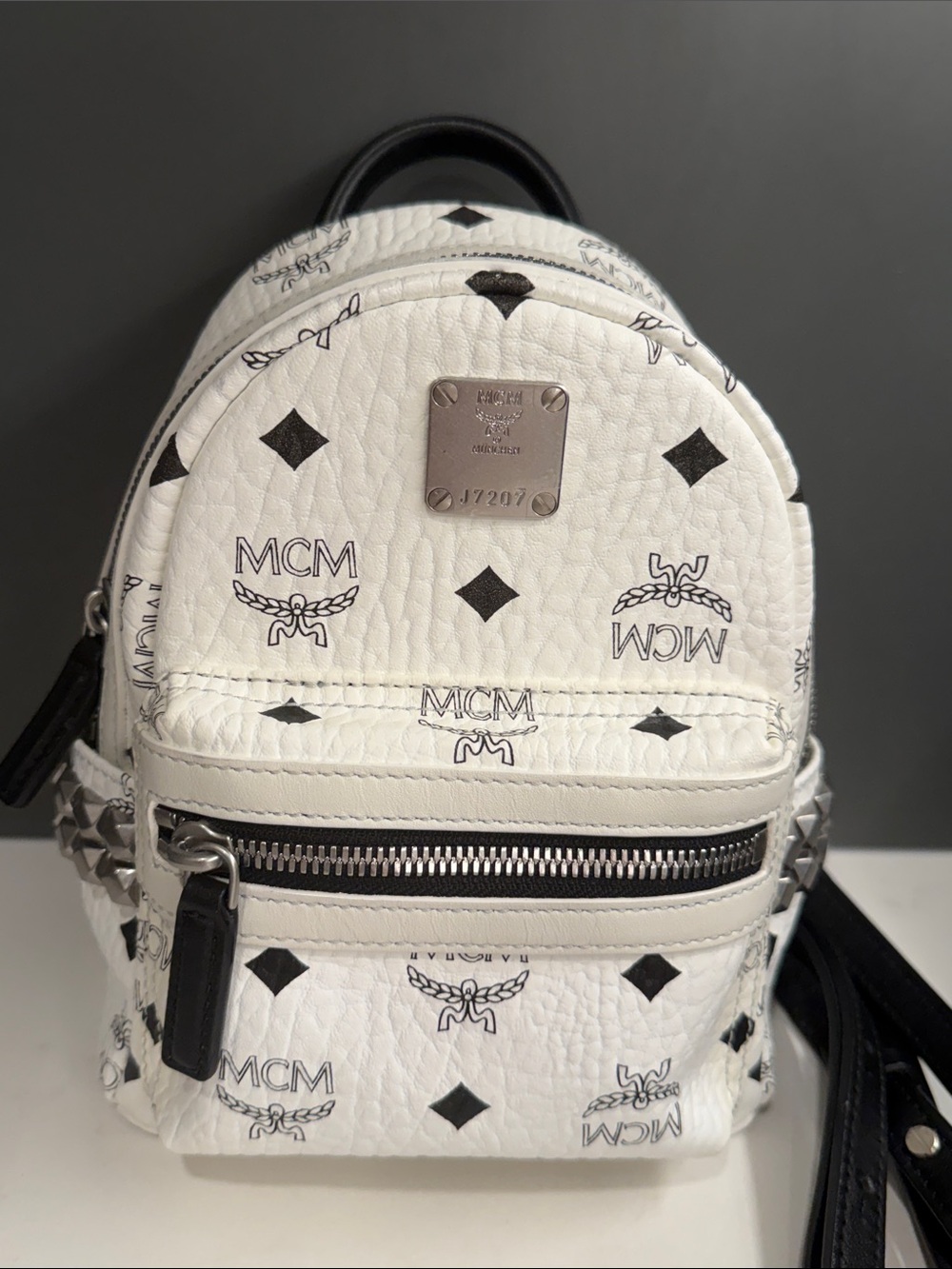 MCM White Mini Visetos Logo Backpack with Black and Silver Accents with COA